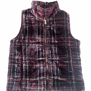 LOFT Velvet Plaid Puffer Vest in Burgundy with Black Accents